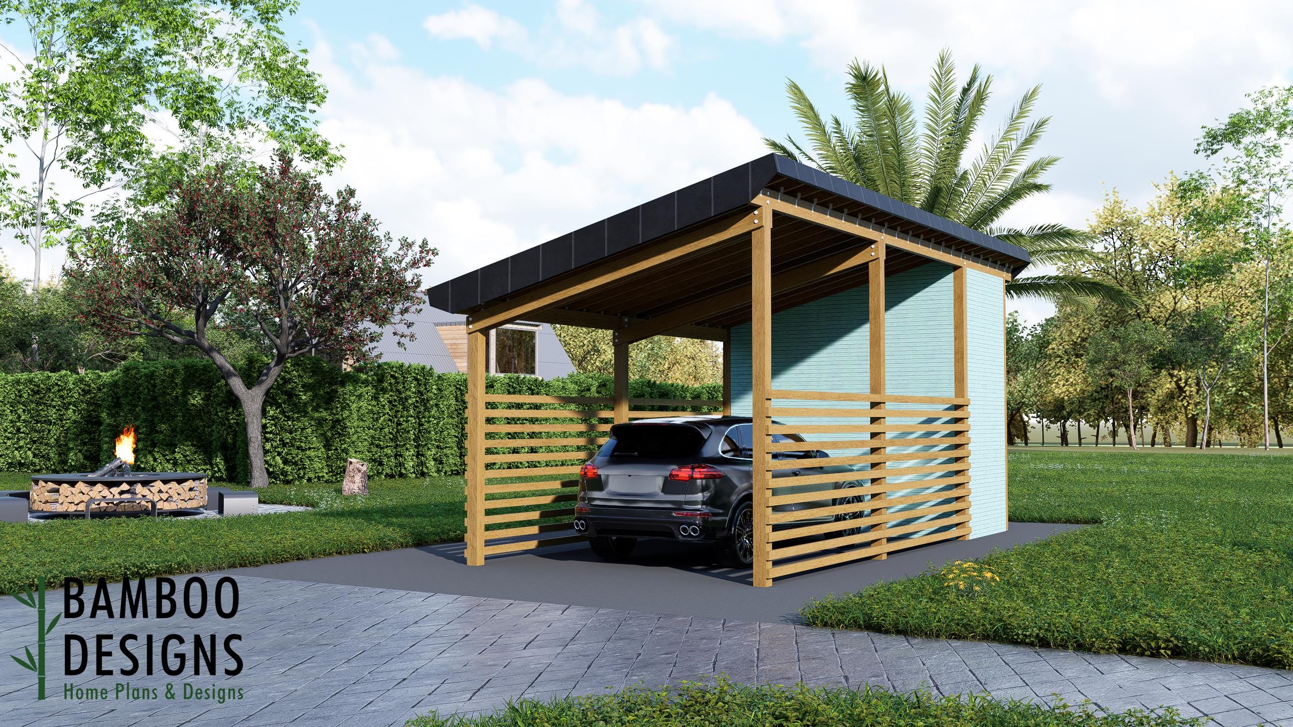 Image of Copenhagen Monoslope Carport with Privacy Wall & Shed 12x26 - Modern DIY Car Shelter Plan - Slanted Roof Covered Parking + Storage PDF