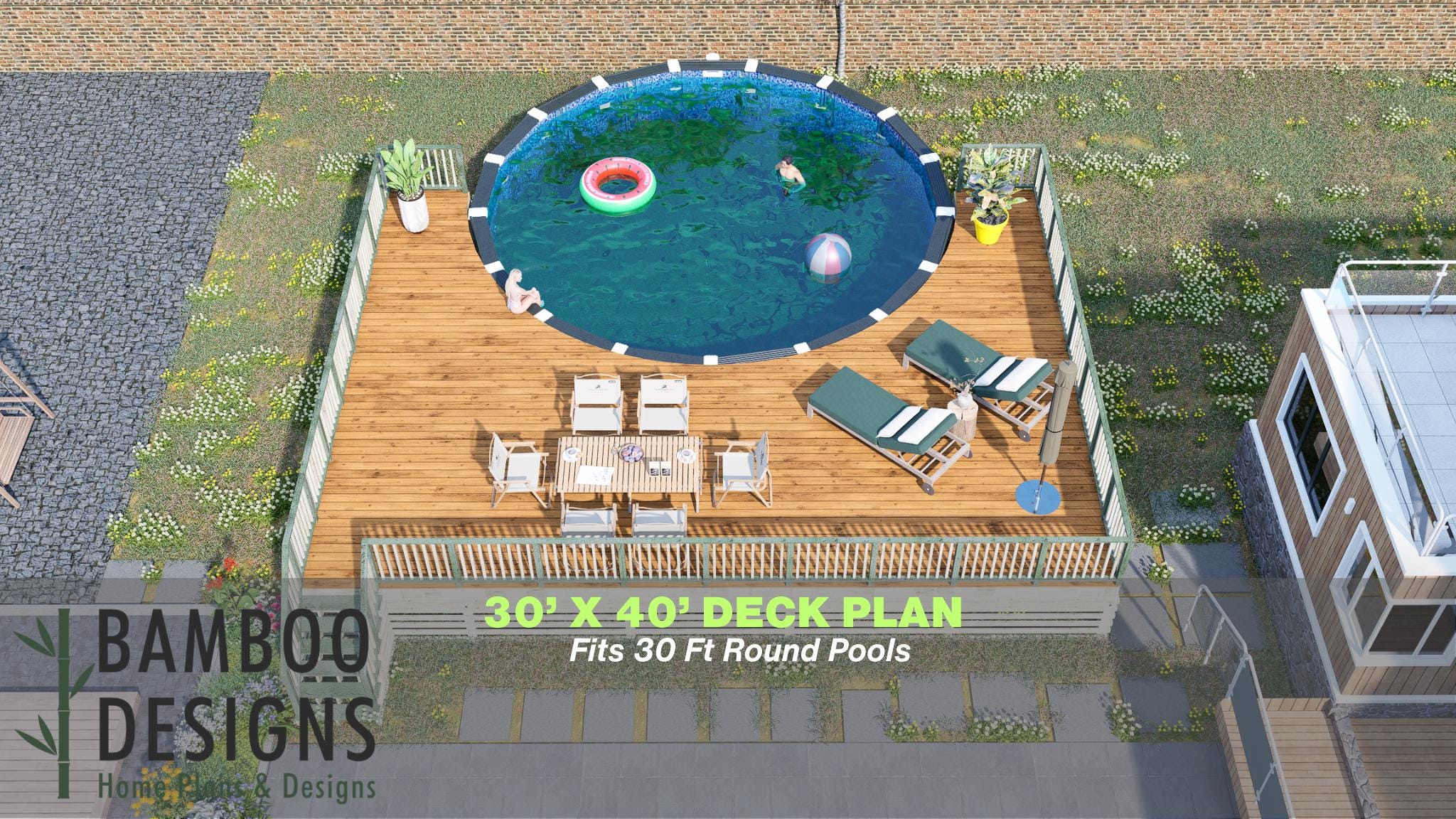 Image of Palm Haven 30x40 Wrap Around Pool Lounge Deck | DIY PDF Plans