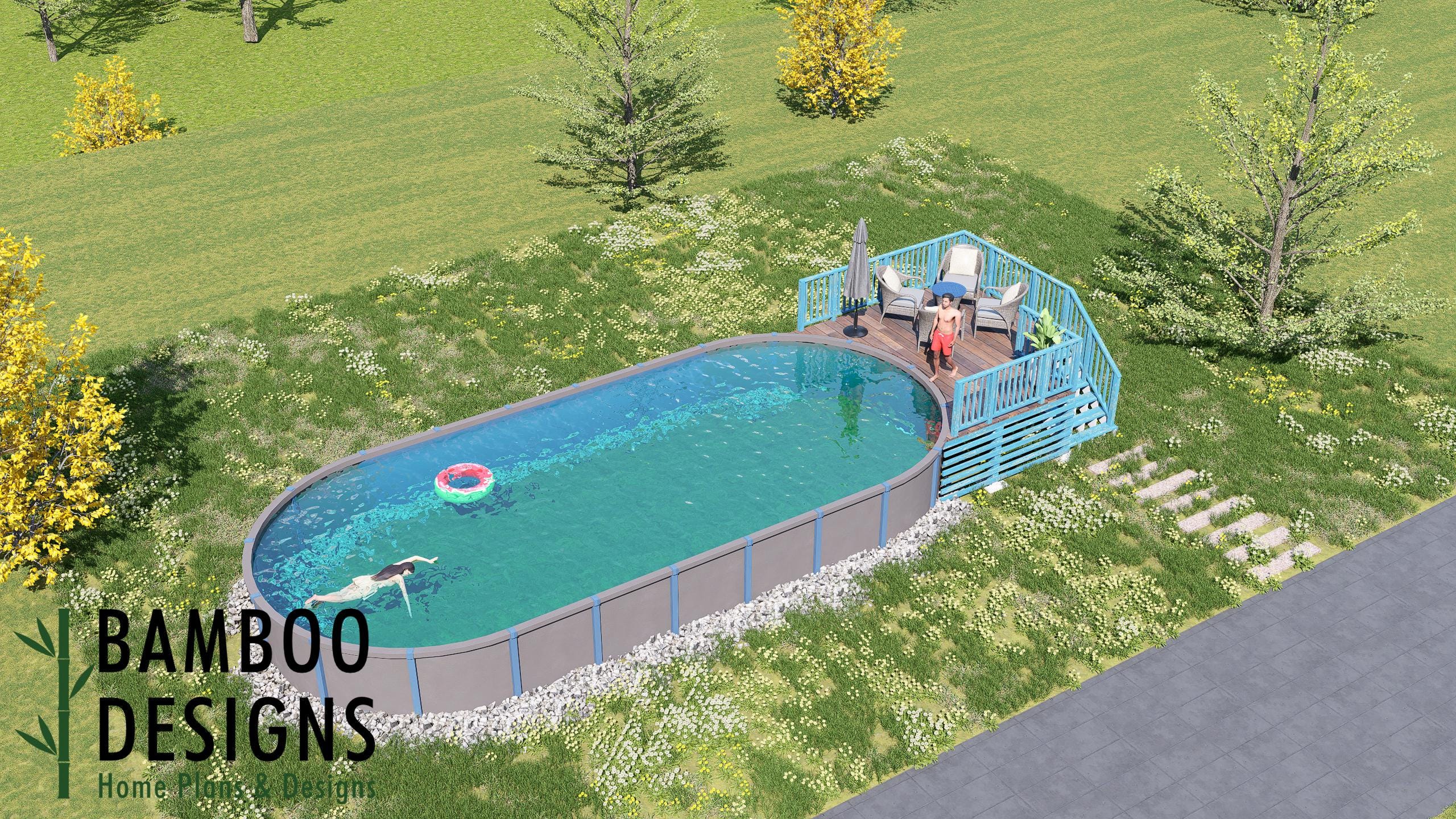 Image of Reese Oval Pool Deck Plan - 10'x15' Above-Ground Pool Entry Deck for 18'x40' Oval Pools with Staircase | DIY PDF Plans