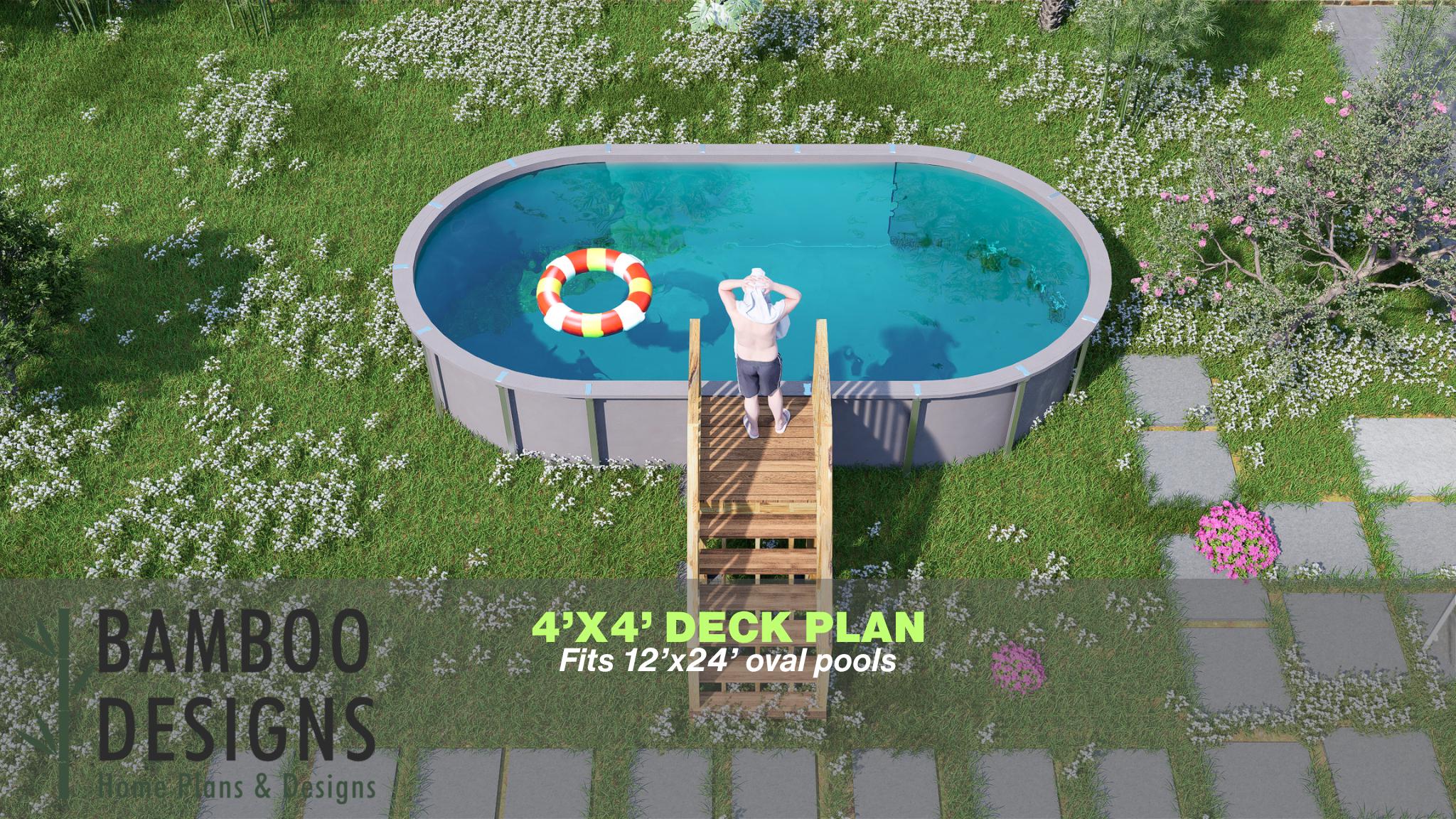 Image of Tori Oval Pool Deck Plan - 4x4 Compact Above-Ground Pool Entry Deck for 12x18 Oval Pools with Stair Access | DIY PDF Plans