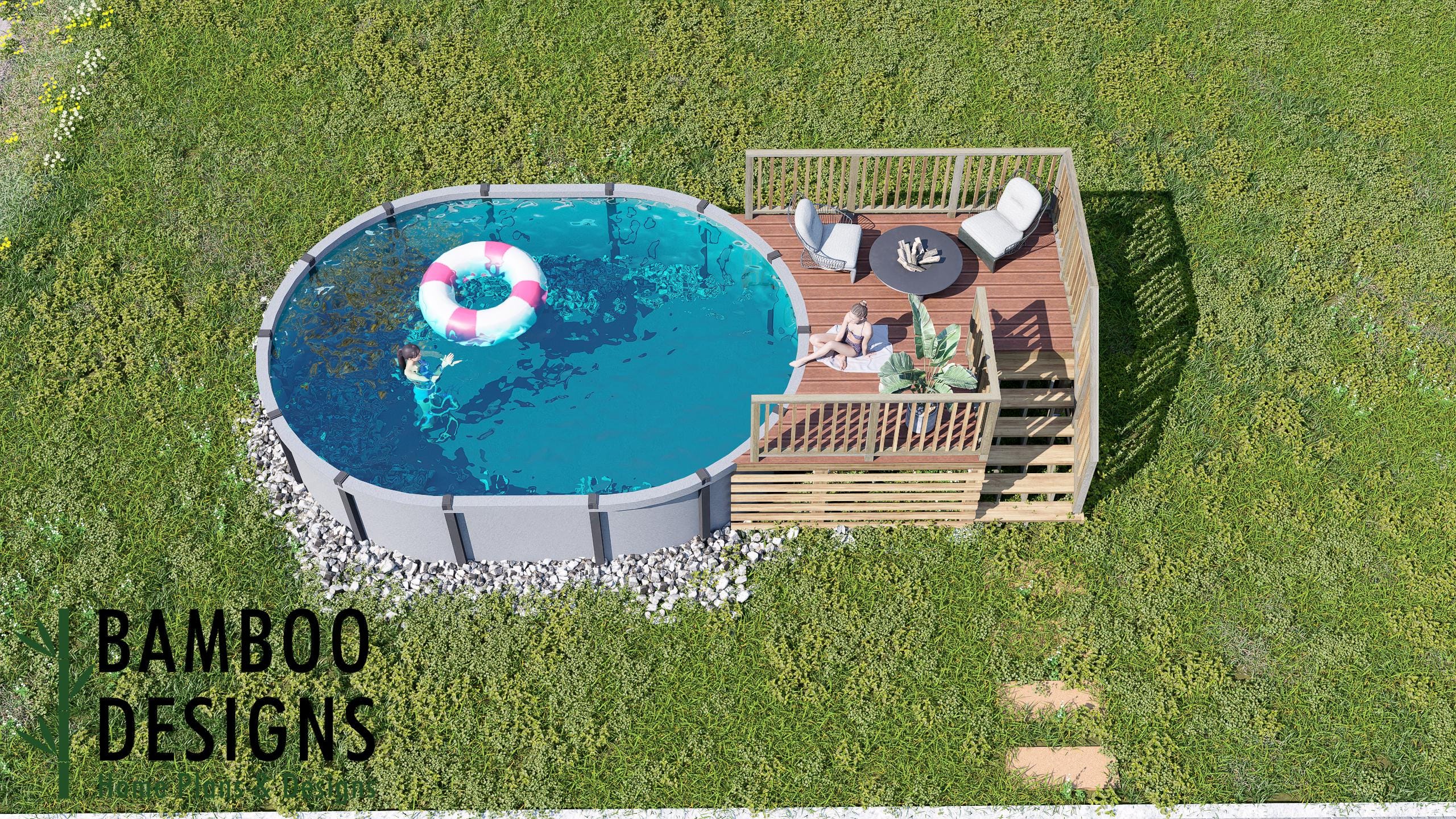 Image of Enan Oval Pool Deck Plan - 10'x12' Above-Ground Pool Deck for 14'x20' Oval Pools with Staircase & Railings | DIY PDF Plans
