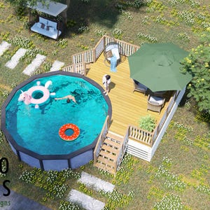 May include: An overhead view of a garden with a pool, decking, and landscaping. The pool has a unicorn float and a red and orange ring float. A green parasol provides shade on the deck. The image includes the text "BAMBOO DESIGNS Home Plans & Designs."