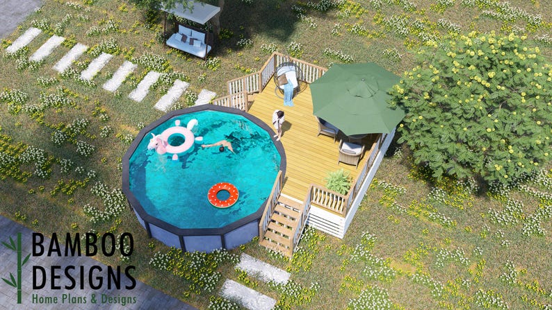 May include: An overhead view of a garden with a pool, decking, and landscaping. The pool has a unicorn float and a red and orange ring float. A green parasol provides shade on the deck. The image includes the text "BAMBOO DESIGNS Home Plans & Designs."