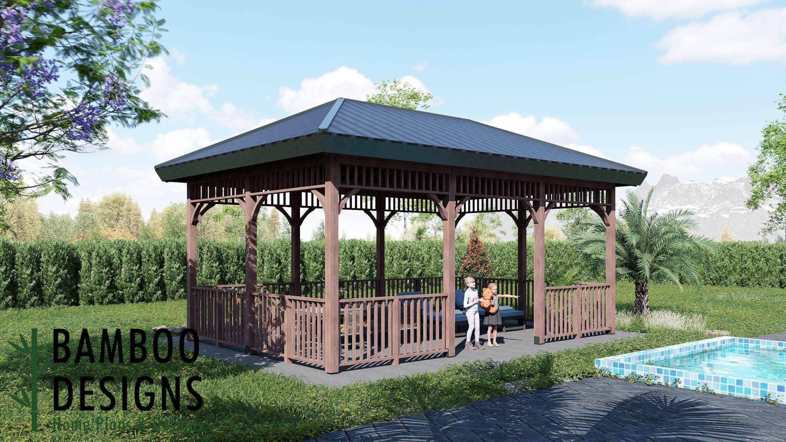 Image of Kavala 16x24 Gazebo Plan - Hip Roof Outdoor Pavilion | DIY Backyard Lounge & Dining Space | PDF Building Plans