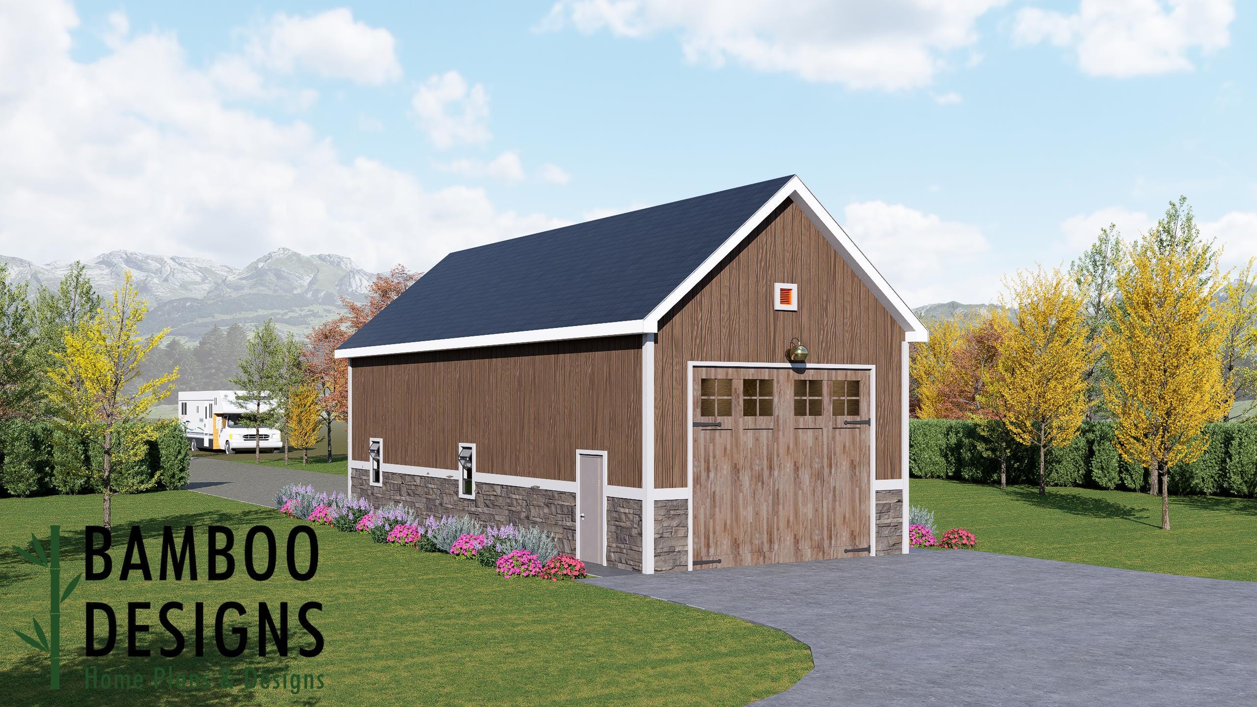 Image of Bard 20x48 RV Garage Shed Plan - Large Modern Barn Style RV Storage & Workshop