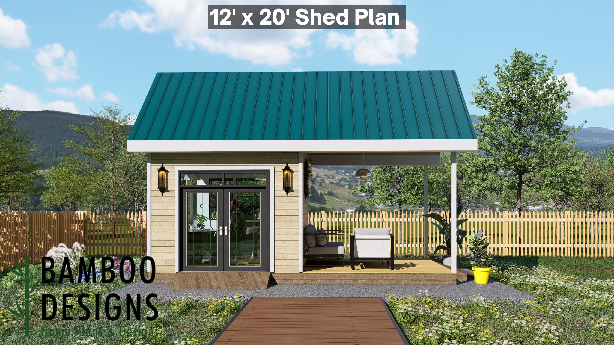 Image of Sol 12x20 Backyard Office Shed Plan - Modern Gable Roof Studio with Porch | DIY Building Plans (PDF)