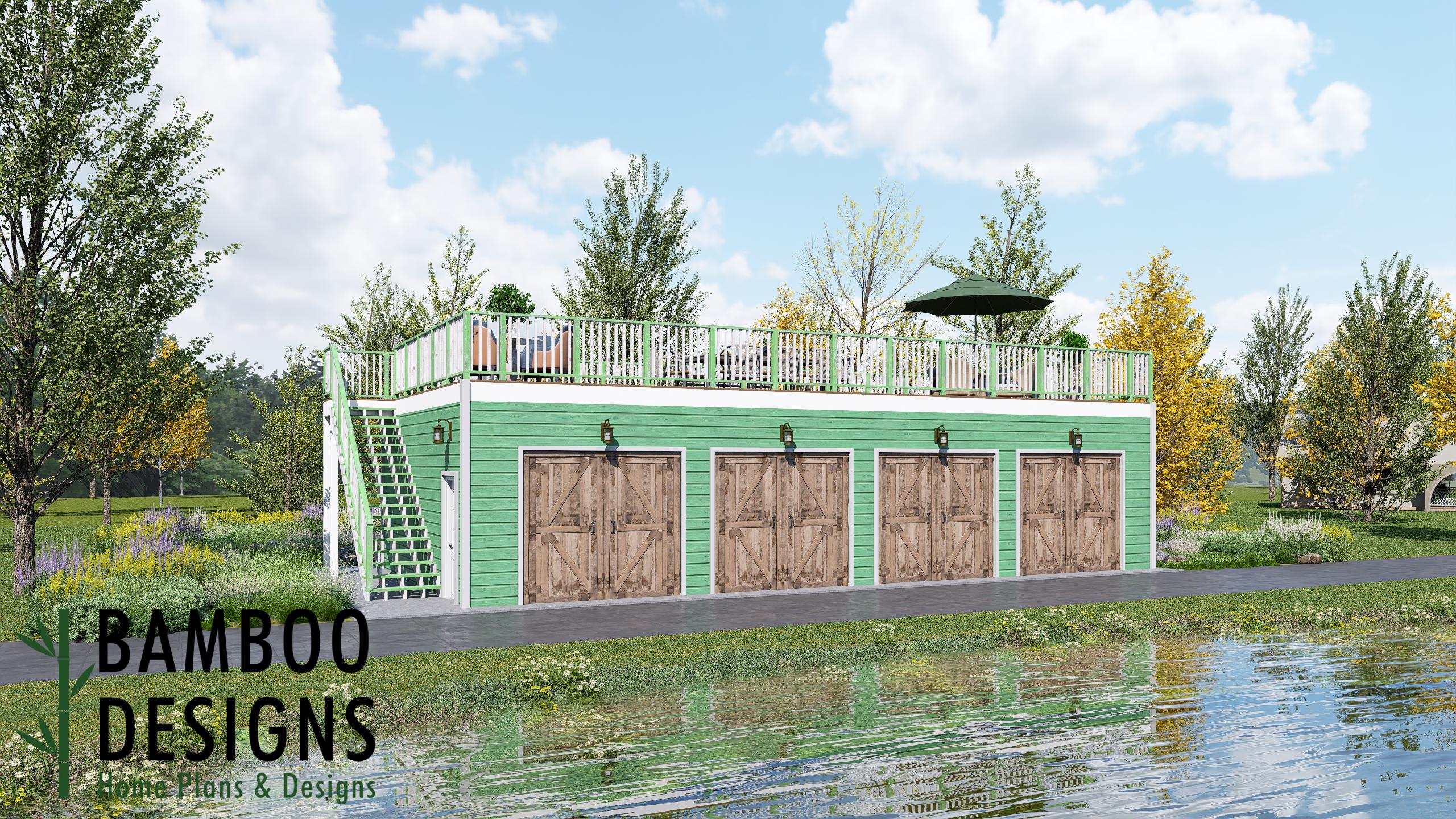 Image of Basil 24x48 Garage Shed Plan - Large Multi-Bay Garage with Full Deck Above | DIY PDF Plans, Rooftop Deck Garage, Workshop Building Plan