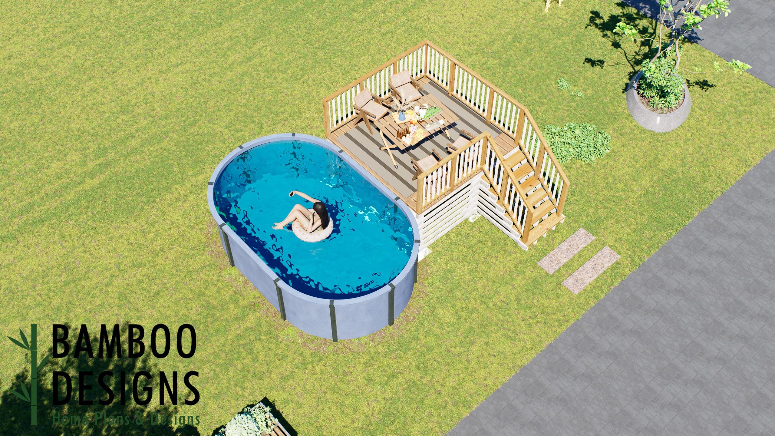 Image of Viti Oval Pool Deck Plan - 10' x 10' Above-Ground Pool Deck for 10' x 16' Oval Pools with Staircase | DIY PDF Plans