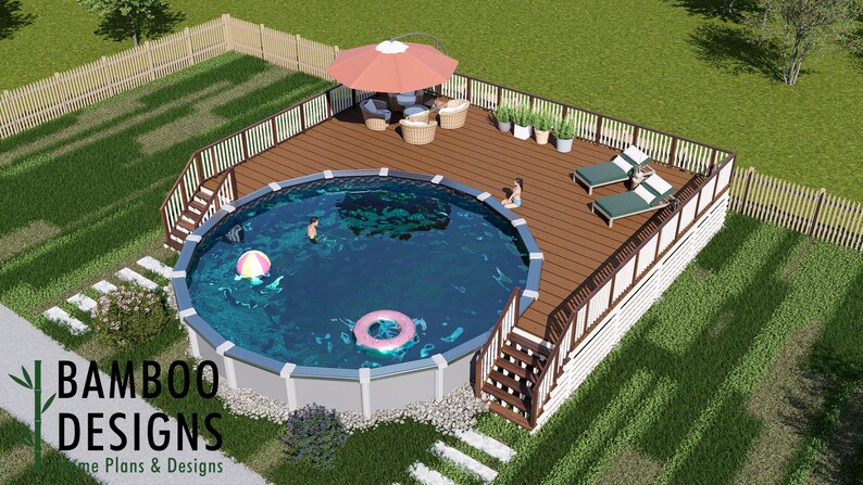 Tortuga – 30’ Round Pool Deck Plan | 30x40 Wrap Lounge Deck | DIY PDF ...