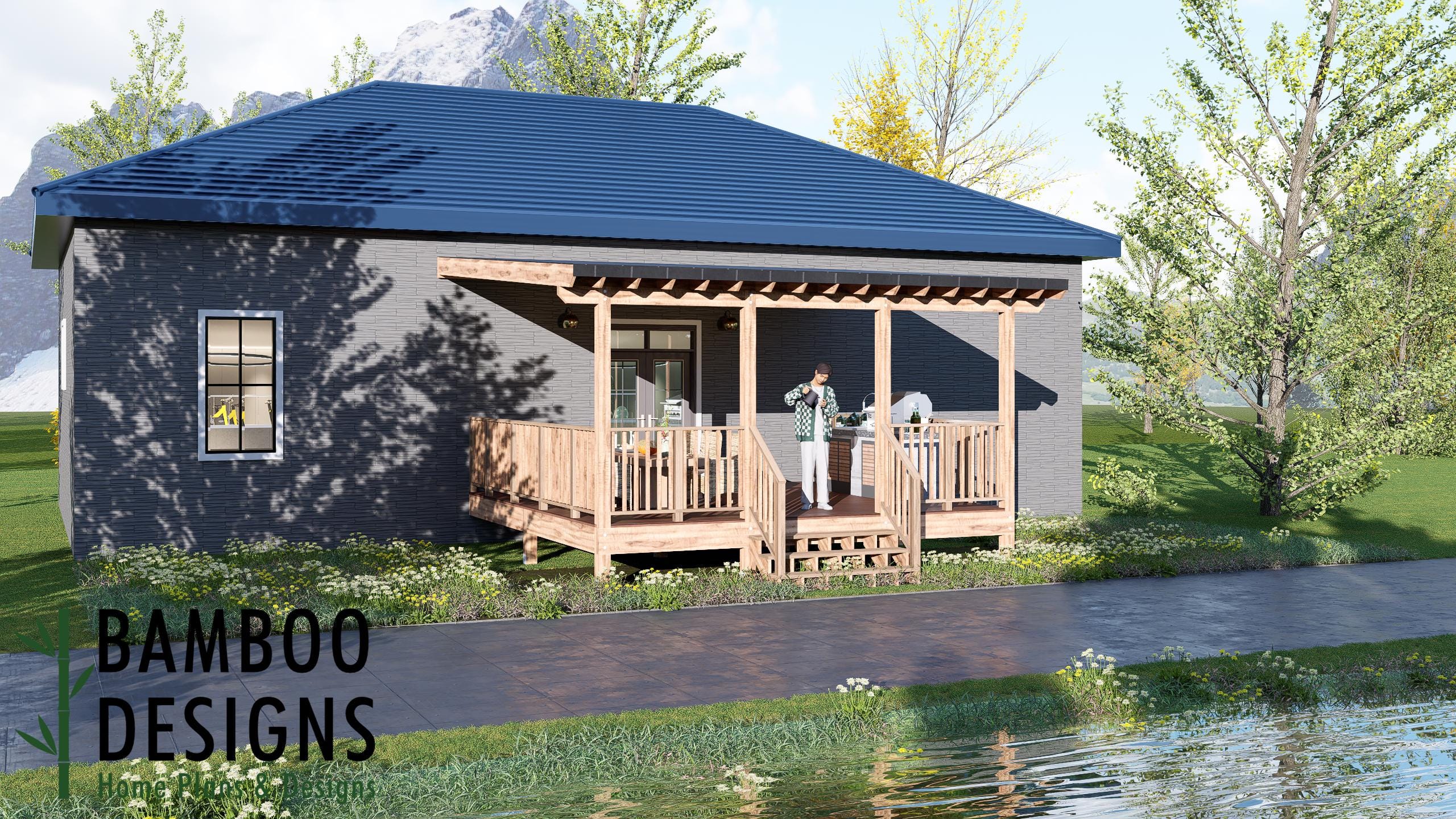 Image of Seth 18x18 Deck Plan with Mono Slope Porch - Spacious Covered Backyard Entertainment Deck