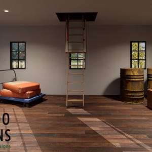May include: Interior scene with a wooden floor, featuring a pull-down attic ladder, two windows, and various items. There are two weathered barrels, a wooden crate, a cardboard box, and a hand truck with orange cushions. The text "BAMBOO DESIGNS Home Plans & Designs" is visible.
