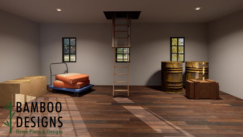 May include: Interior scene with a wooden floor, featuring a pull-down attic ladder, two windows, and various items. There are two weathered barrels, a wooden crate, a cardboard box, and a hand truck with orange cushions. The text "BAMBOO DESIGNS Home Plans & Designs" is visible.