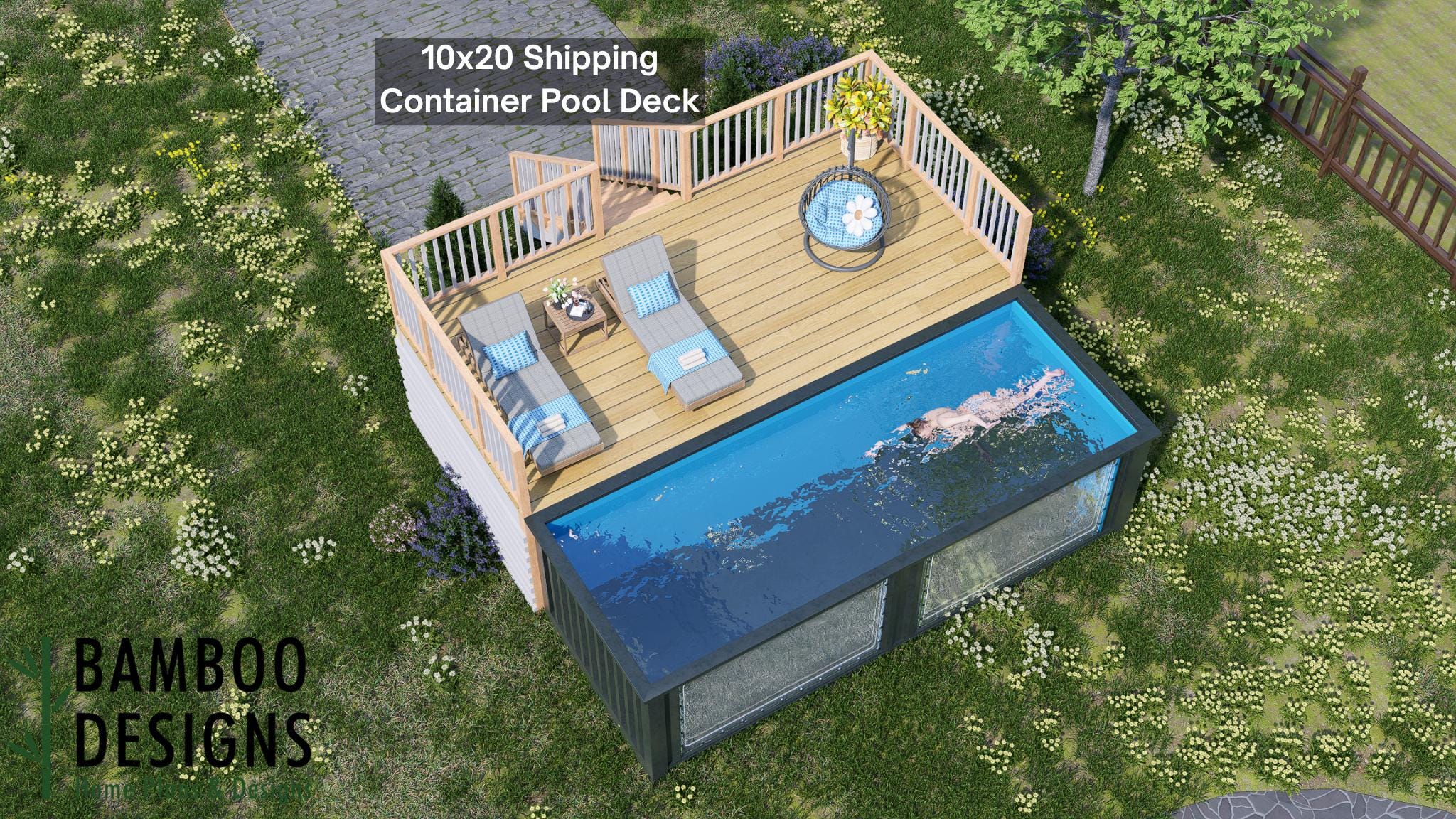 Image of Denver Container Pool Deck Plan - 10x20 Elevated Deck with Railing | PDF + DWG DIY Plans
