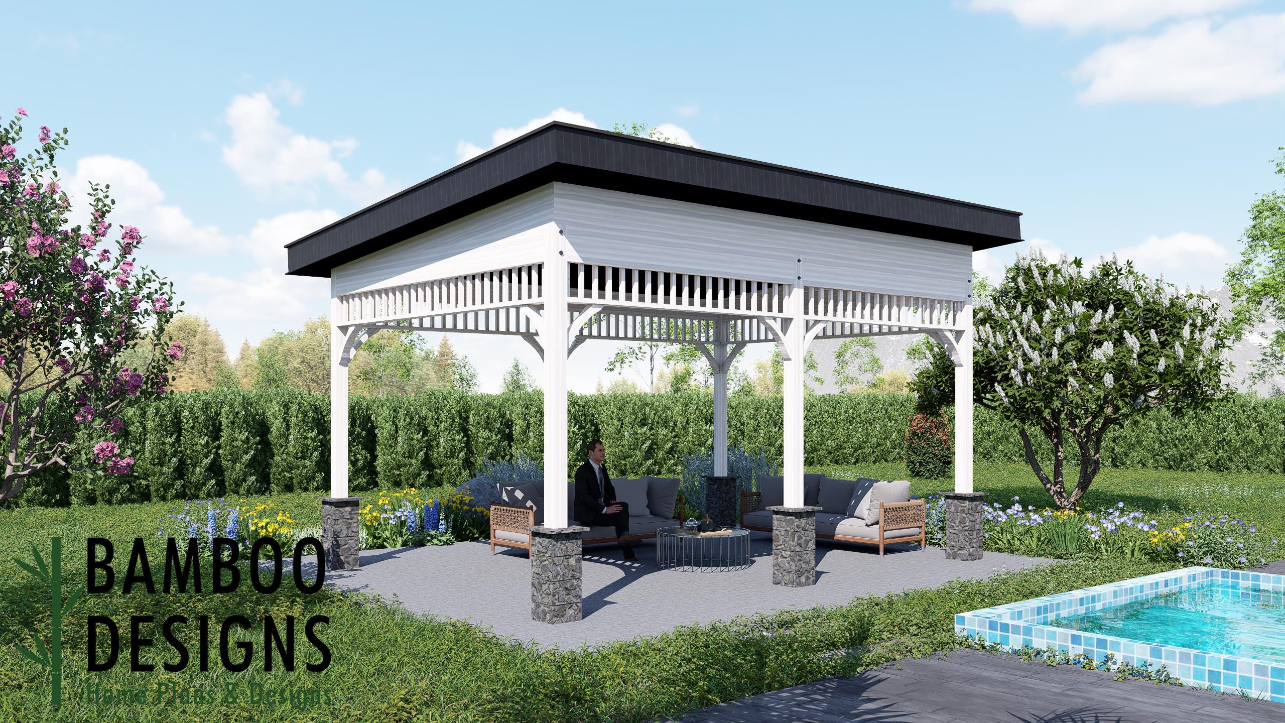 Image of Palma 14x20 Gazebo Plan - Modern Sloped Roof Pavilion | DIY Outdoor Lounge & Patio Shelter | Backyard Covered Seating PDF