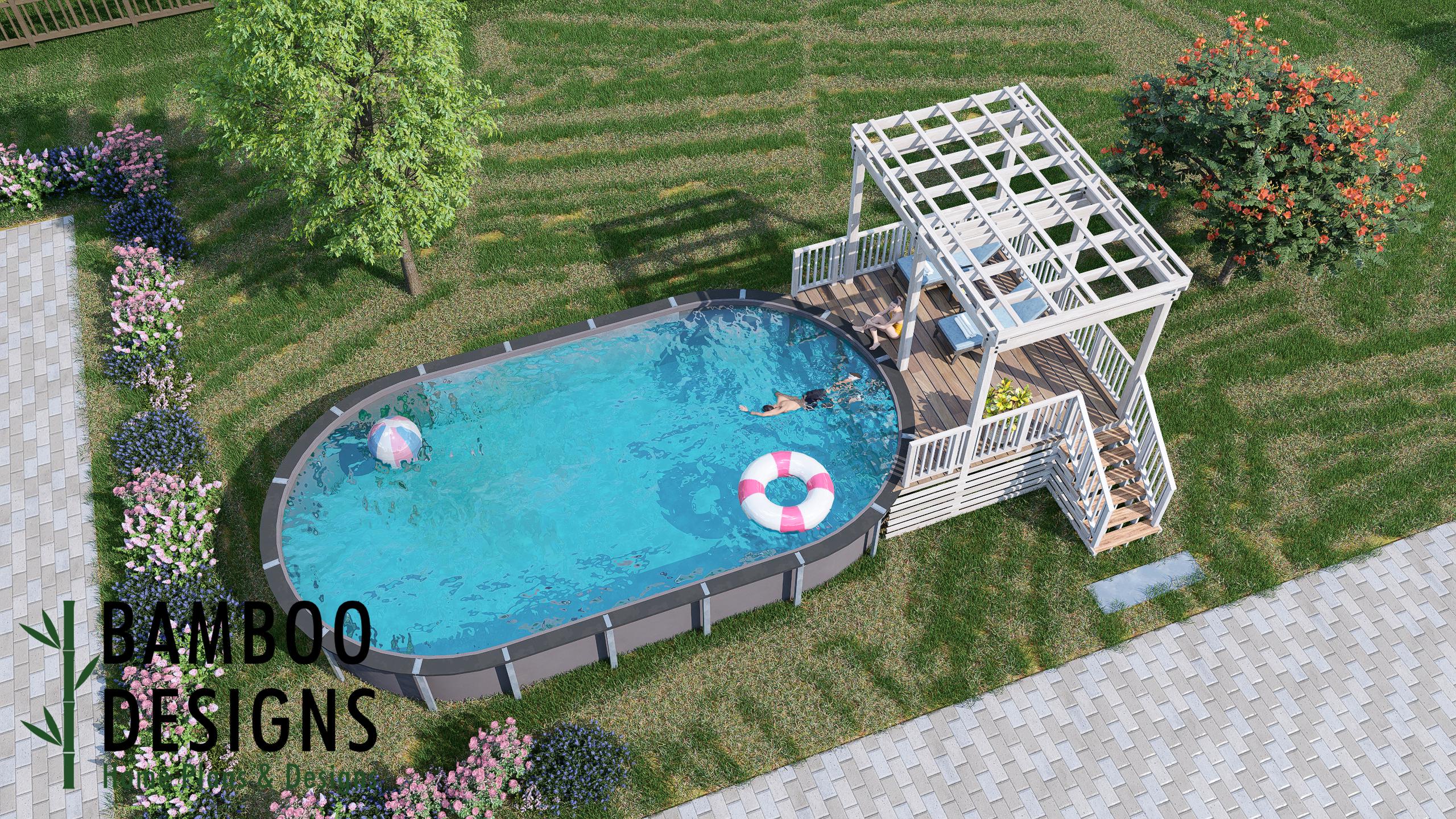 Image of Malibu 18x33 Oval Pool Deck Plan - 12x14 Pergola-Covered Above-Ground Pool Deck with 6-Step Entry | DIY PDF Plans