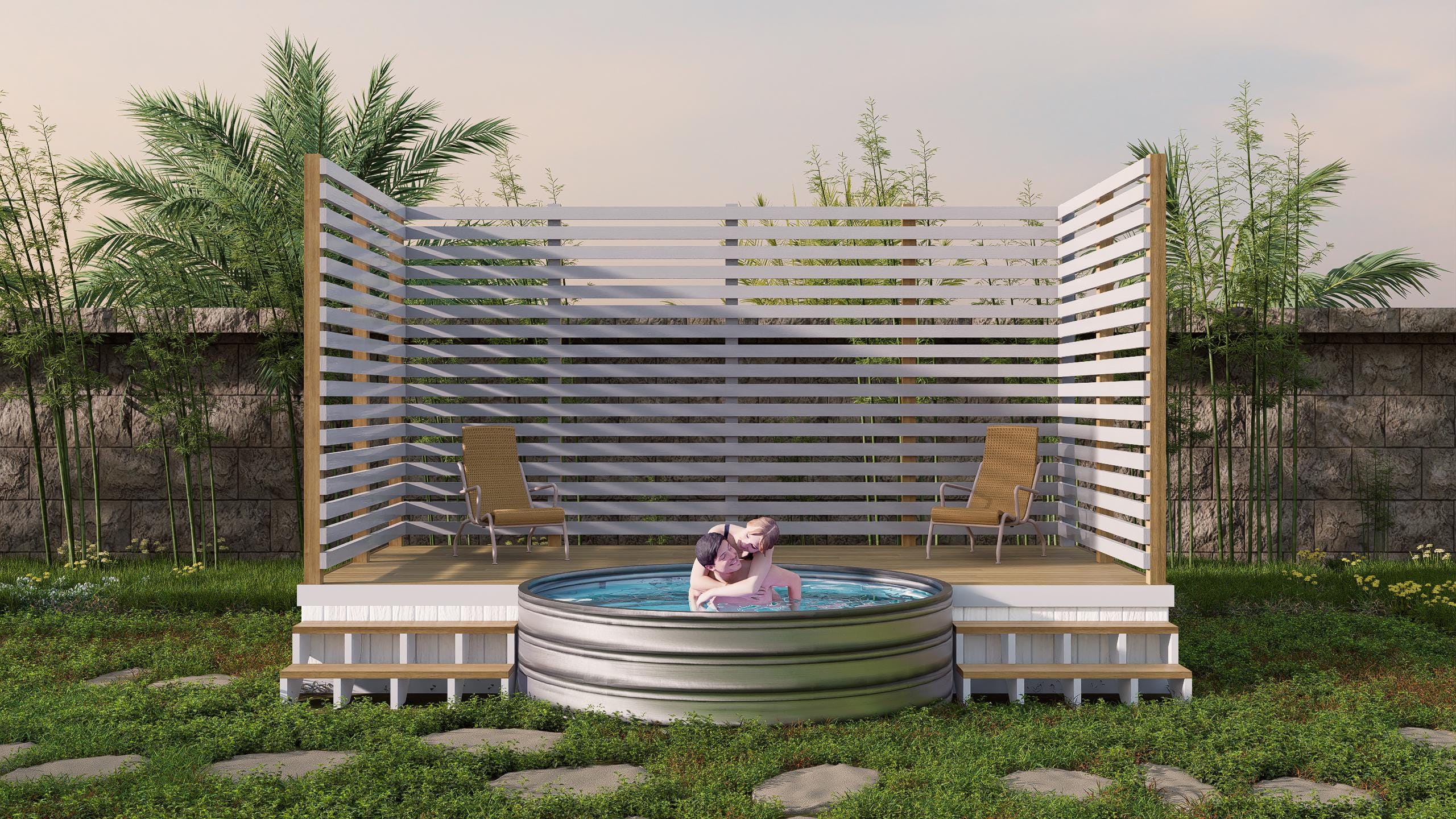 Image of Palm Beach Pool Deck Plan - 8x16 Deck with 8ft Pool Cutout + Dual Privacy Walls