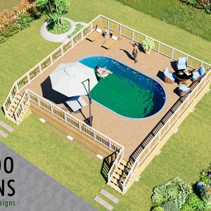 Usain Oval Pool Deck Plan – 34x34 Luxury Above-Ground Pool Deck with Staircase & Expansive Entertainment Space | DIY PDF Plans