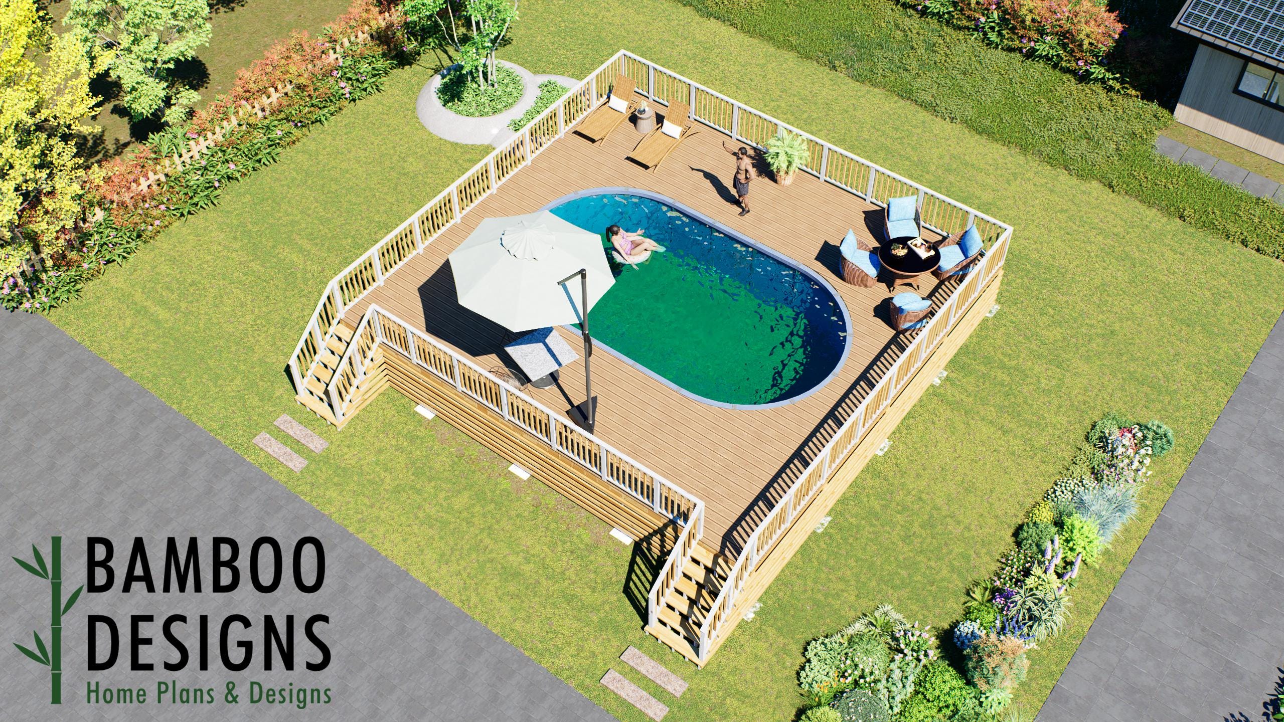 Image of Usain Oval Pool Deck Plan - 34x34 Luxury Above-Ground Pool Deck with Staircase & Expansive Entertainment Space | DIY PDF Plans