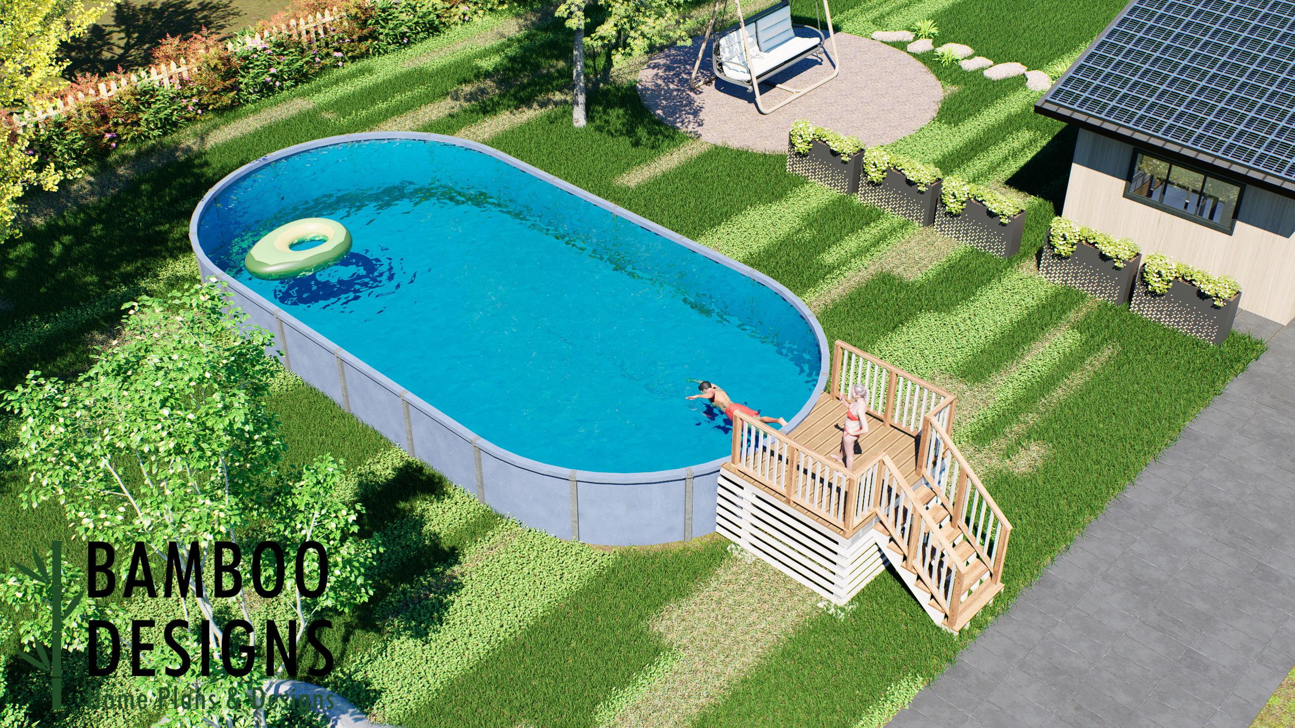 Image of Berley Oval Pool Deck Plan – 6'x8' Above-Ground Pool Entry Deck with Staircase & Safety Railings | DIY PDF Plans for 21'x43' Oval Pools