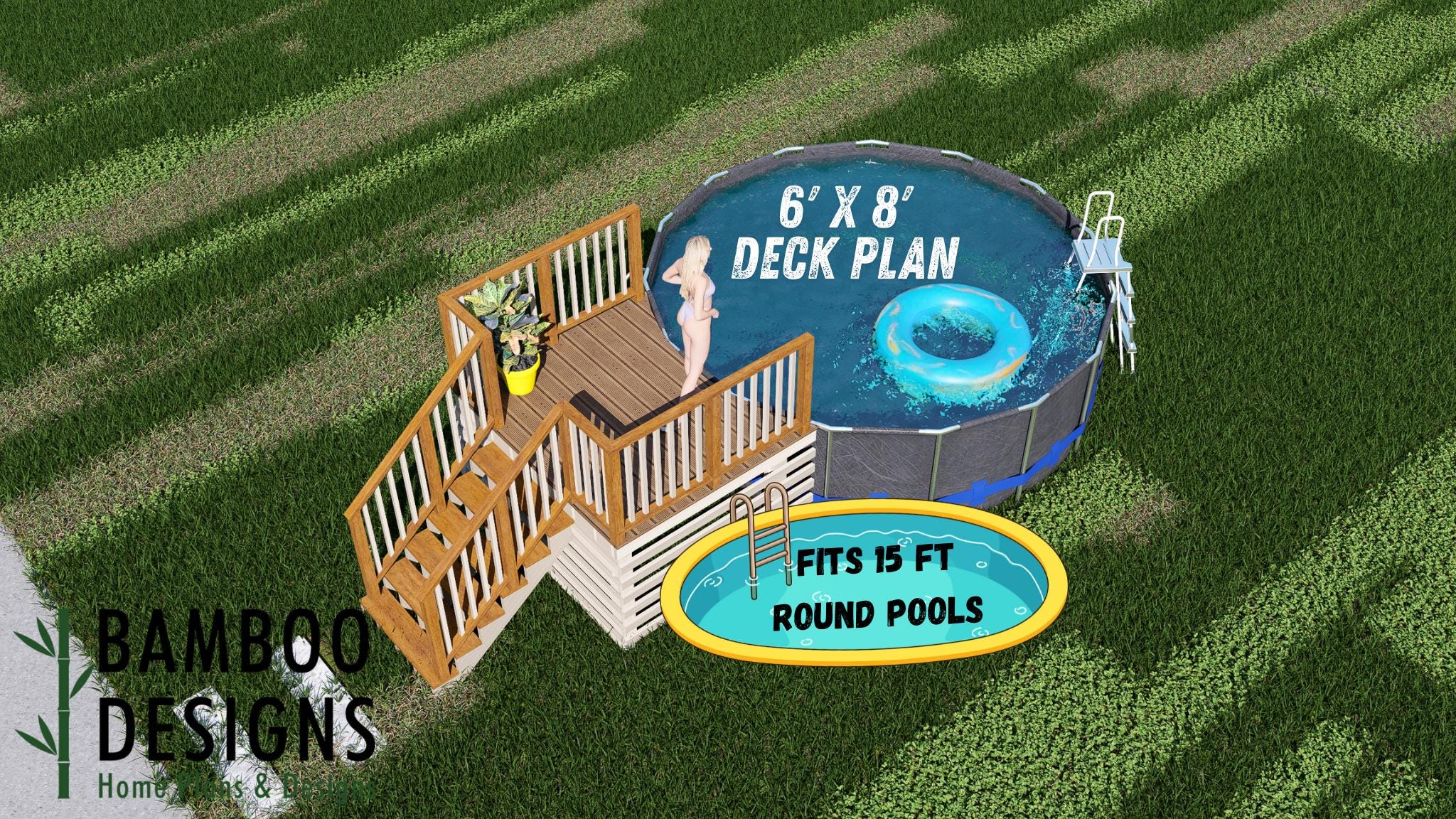 Image of Tranquility Circle Pool Deck Plan - Fits 15' Above-Ground Pools | DIY PDF Plans