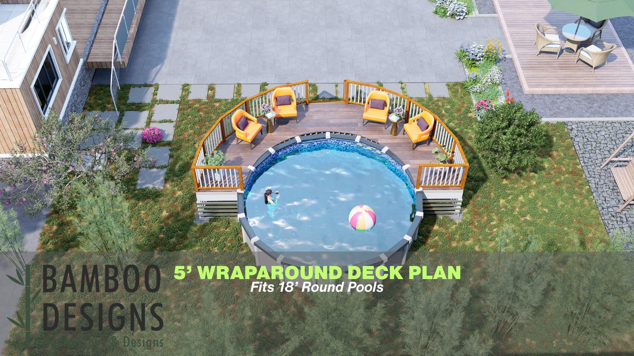 Image of Nectarine Pool Deck Plan - 18' Round Pool 5' Wraparound Deck with Stairs | DIY PDF Plans