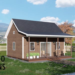 May include: A digital rendering of a small, brown cabin with a black roof and a porch. The cabin has white trim and windows, with a small garden of potted plants. The image includes the text "BAMBOO DESIGNS" in green.