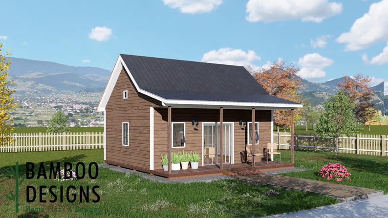 May include: A digital rendering of a small, brown cabin with a black roof and a porch. The cabin has white trim and windows, with a small garden of potted plants. The image includes the text "BAMBOO DESIGNS" in green.