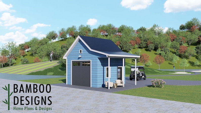 Bulma 16x16 Golf Cart Shed Plan — Modern DIY Golf Cart Garage & Backyard Storage Building with Single-Slope Roof plan by Bamboo Designs
