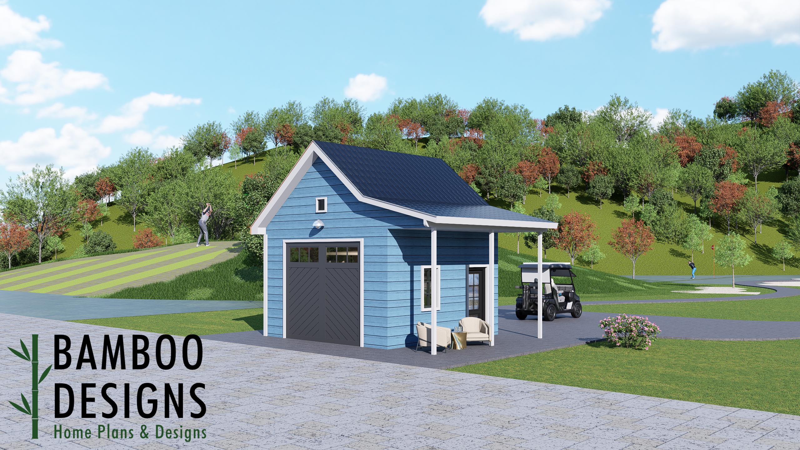 Image of Bulma 16x16 Golf Cart Shed Plan — Modern DIY Golf Cart Garage & Backyard Storage Building with Single-Slope Roof | PDF Construction Plans