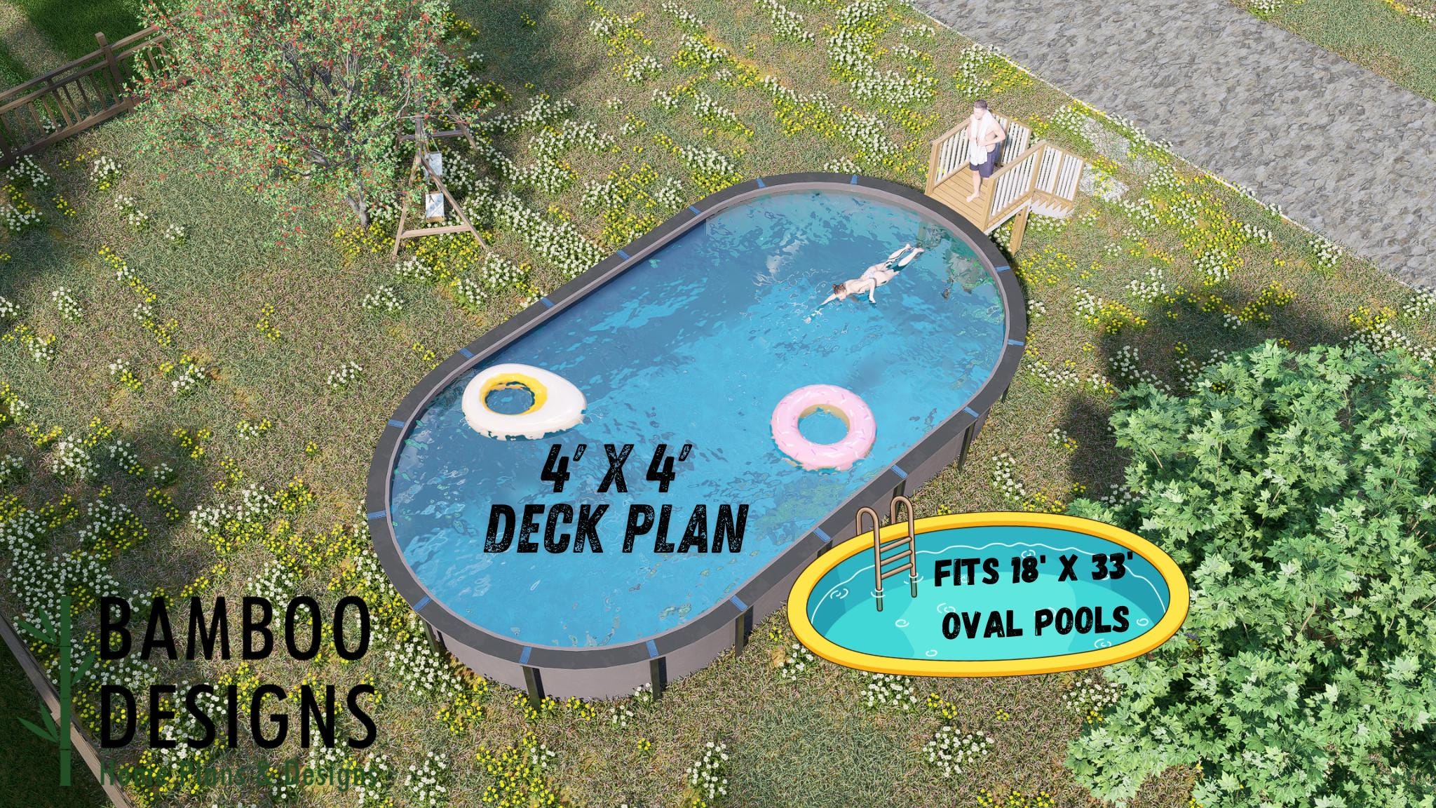 Image of Mesa 18x33 Oval Pool Deck Plan - 4x4 Above-Ground Pool Entry Deck with Safety Railings | DIY PDF Plans