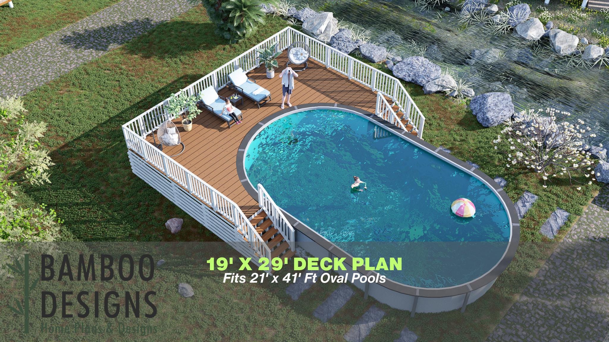 Image of Fleta Oval Pool Deck Plan - 19x29 Elevated Deck with Dual 6-Step Staircases | DIY PDF Plans