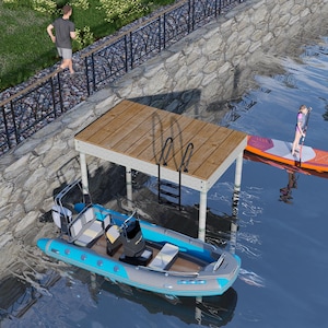 May include: A waterside scene with a wooden dock, a blue and grey motorboat, and a person paddleboarding on an orange board. A person runs along a stone wall with a decorative railing. The image includes the text "BAMBOO DESIGNS Home Plans."