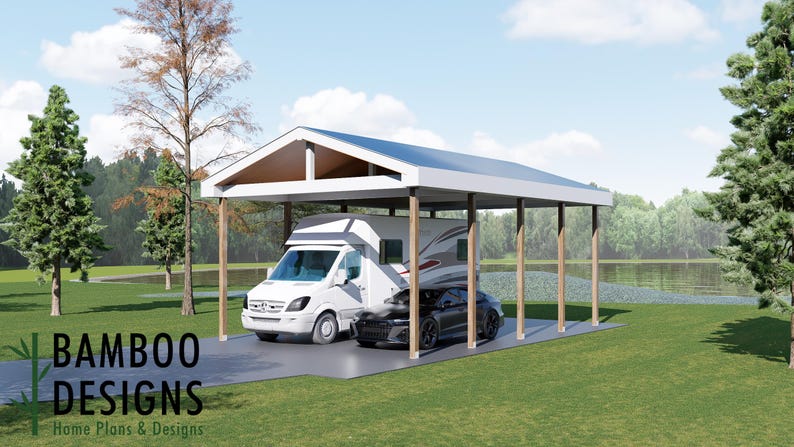 Bremound 20x32 RV Carport Plan — Extra-Large Motorhome, Camper & RV Shelter plan by Bamboo Designs