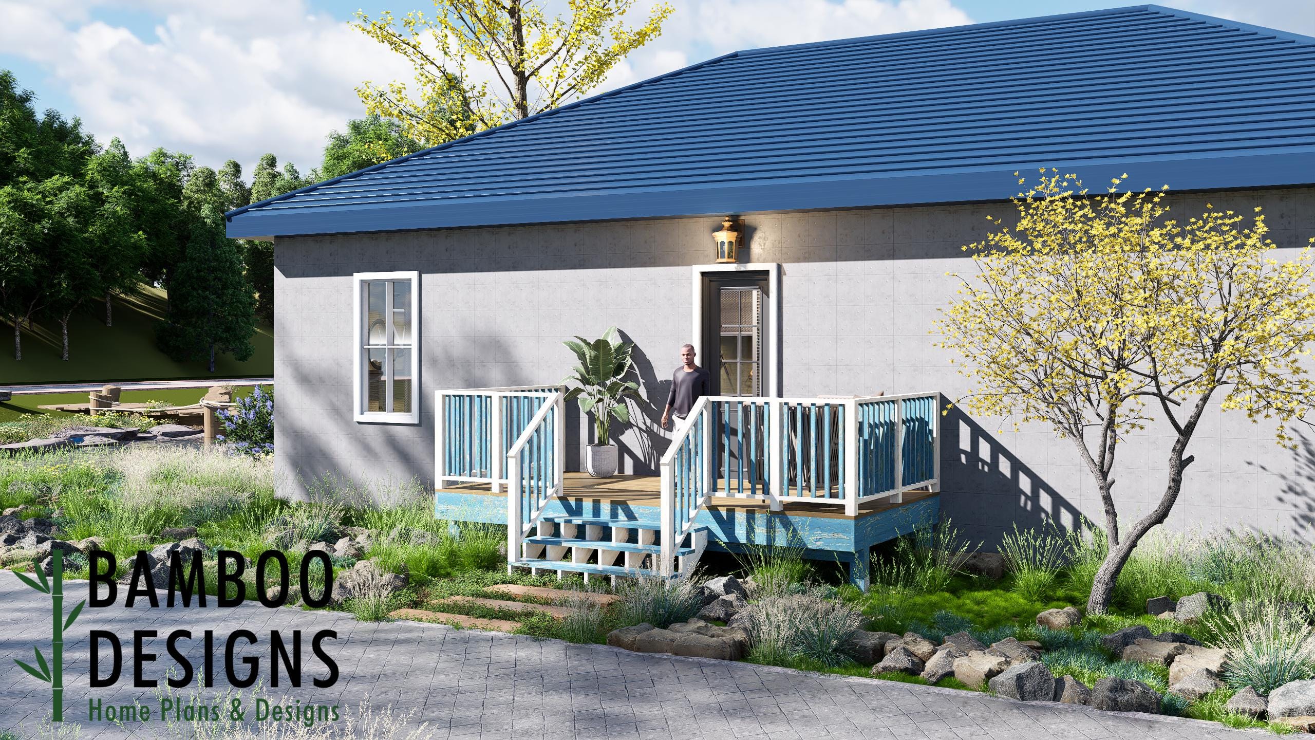 Image of Houston 8x16 Freestanding Deck Plan - Large Backyard Platform Deck with Modern Railings | DIY PDF Plans