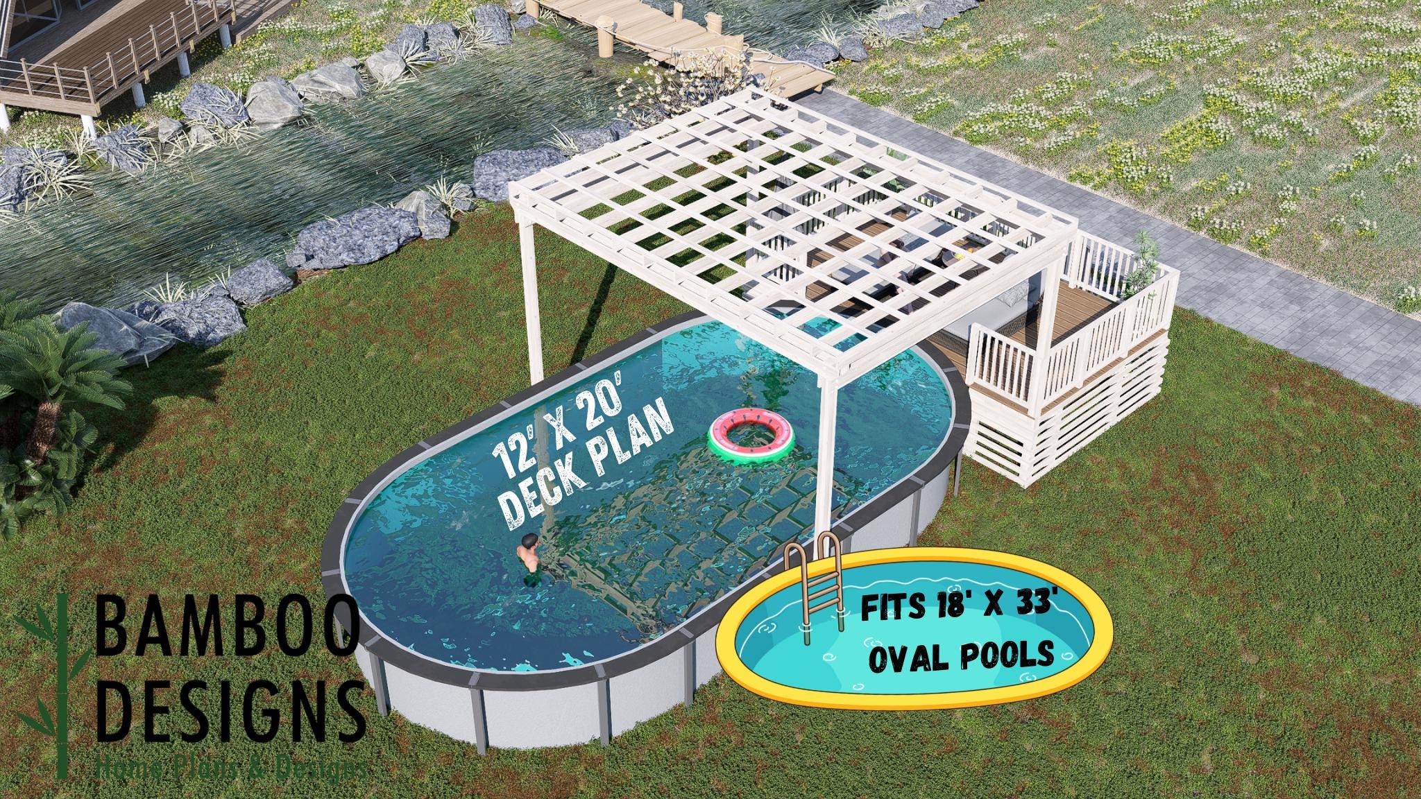 Image of Beverly 12x20 Oval Pool Deck Plan - Elevated Deck with Pergola | DIY PDF Plans