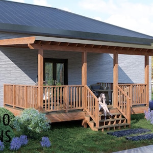 Puede incluir: Un porche de madera con un tejado gris oscuro y un exterior de ladrillo gris claro. El porche tiene una barandilla y escaleras que conducen a una zona de césped con jardinería. El texto "BAMBOO DESIGNS" es visible.