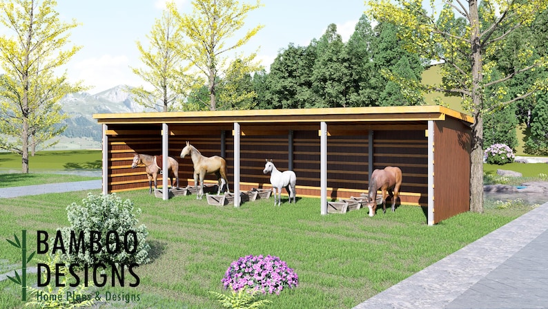 Willamette 12x48 Horse Paddock Plan — Extra-Large Run-In Shelter for Horses & Livestock plan by Bamboo Designs