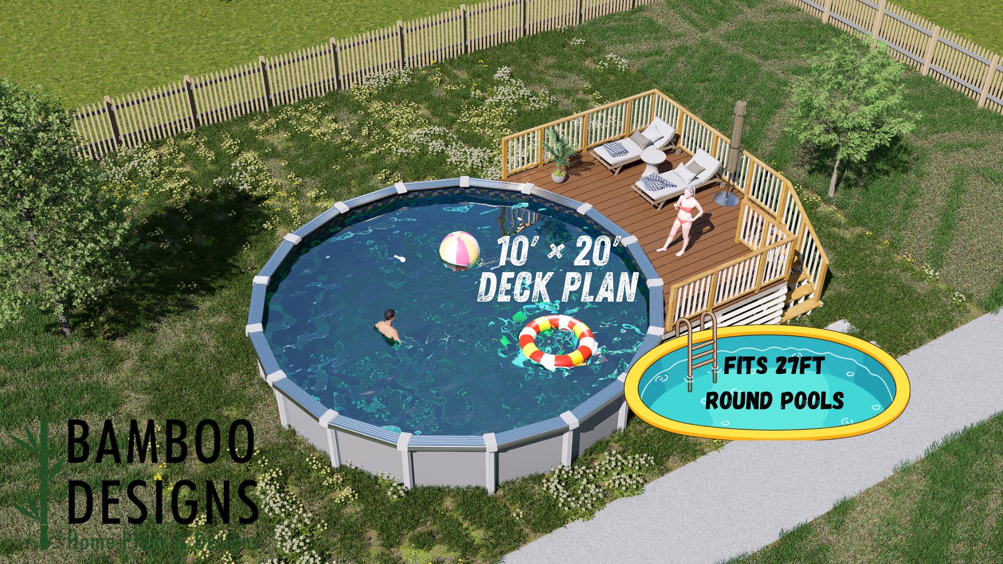 Plano de terraza de piscina circular Coral Breeze: terraza elevada de 10 x 20 para piscinas elevadas / Planos en PDF para bricolaje