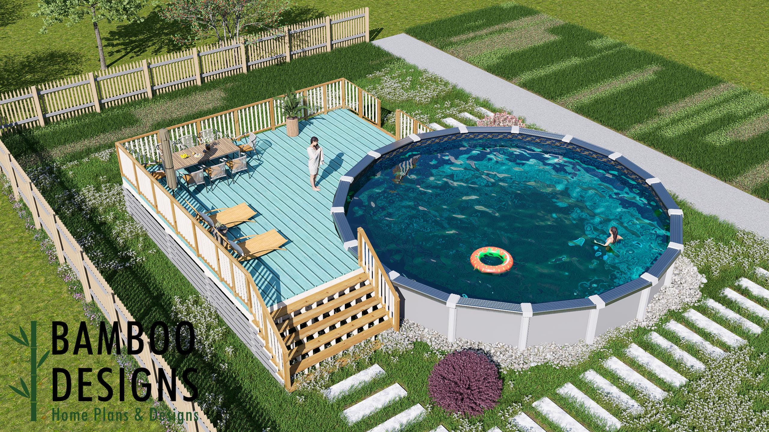 Pacific Crest – 30’ Round Pool Deck Plan | Massive 25x25 Wrap Deck ...