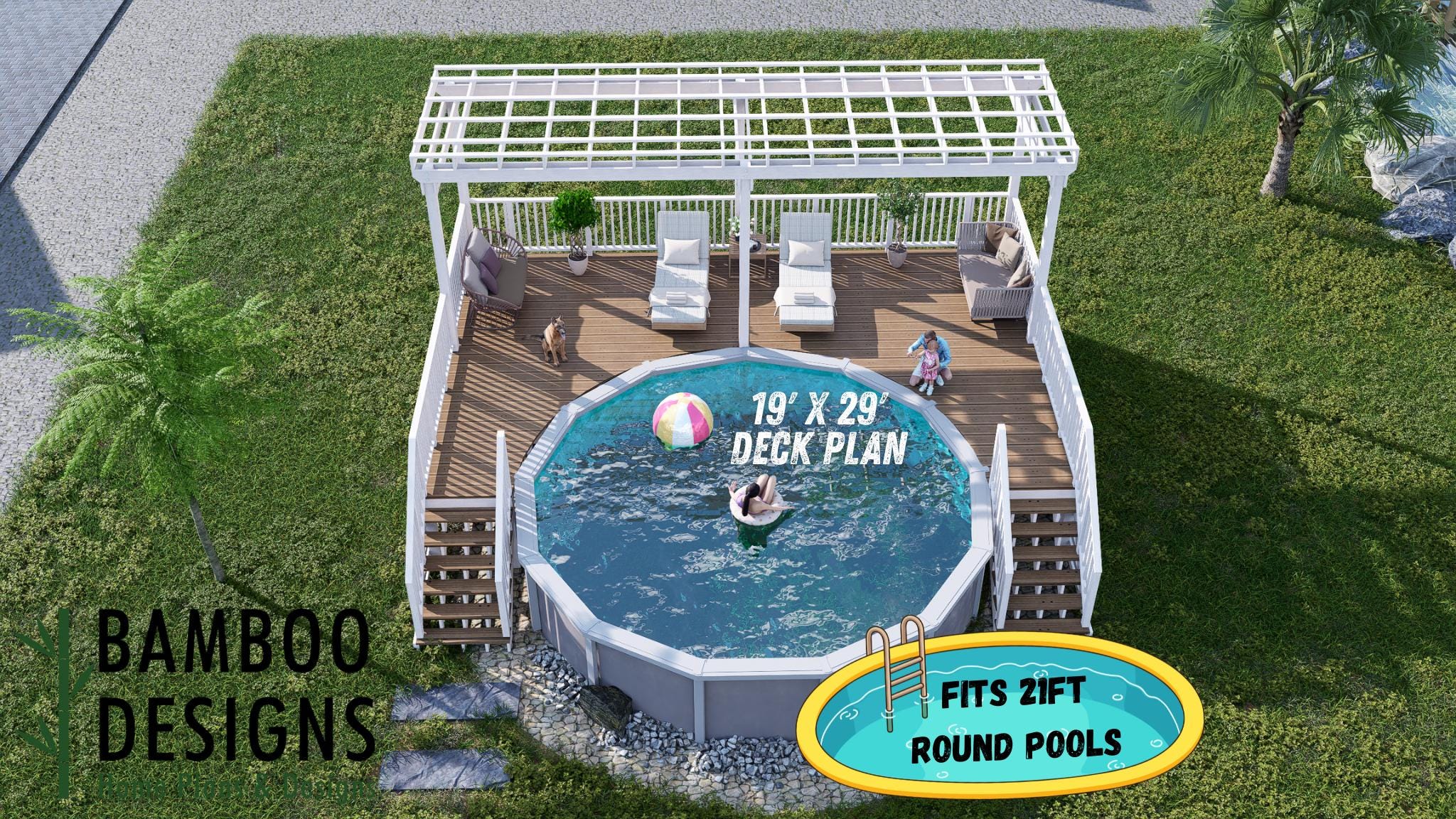 Image of Grandfalls Pool Deck Plan - 19x29 Elevated Deck with Pergola & Dual 6-Step Staircases | DIY PDF Plans