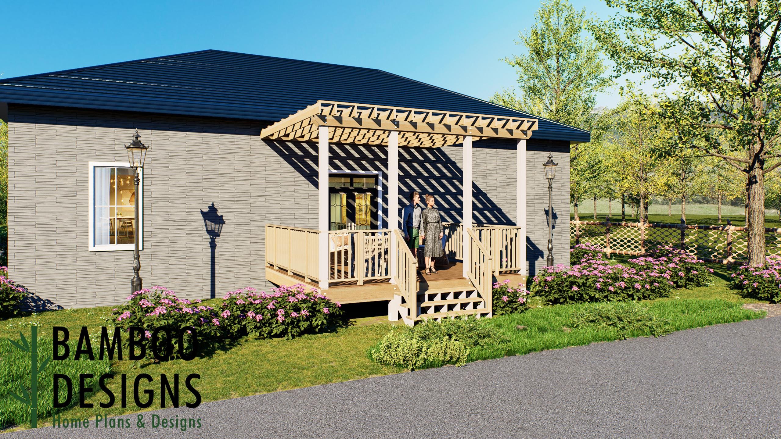 Image of Laetita 14x16 Attached Deck Plan with Pergola - Elegant Outdoor Living Space with Timeless Backyard Charm