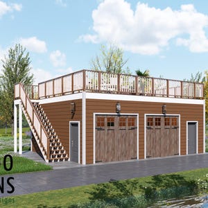 May include: A two-story brown garage with a rooftop deck, three garage doors, and a staircase. The building has a white trim and a small door. The text "BAMBOO DESIGNS Home Plans & Designs" is at the bottom.