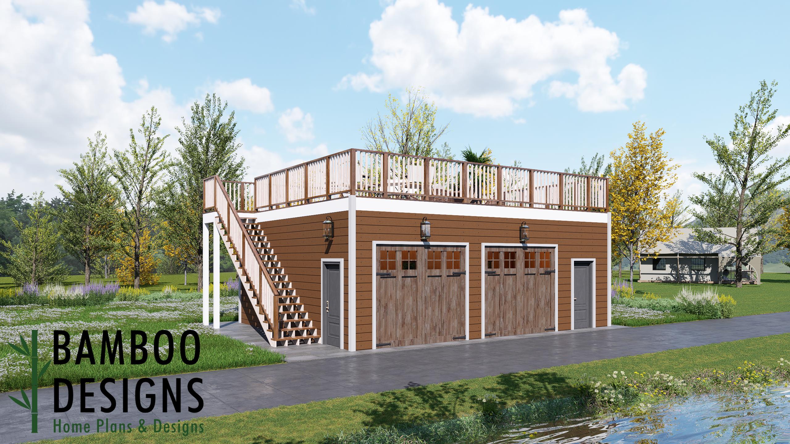 Image of Terra 24x30 Garage Shed Plan - Two-Car Garage with Deck Above | DIY PDF Plans, Rooftop Deck Garage, Backyard Workshop Build