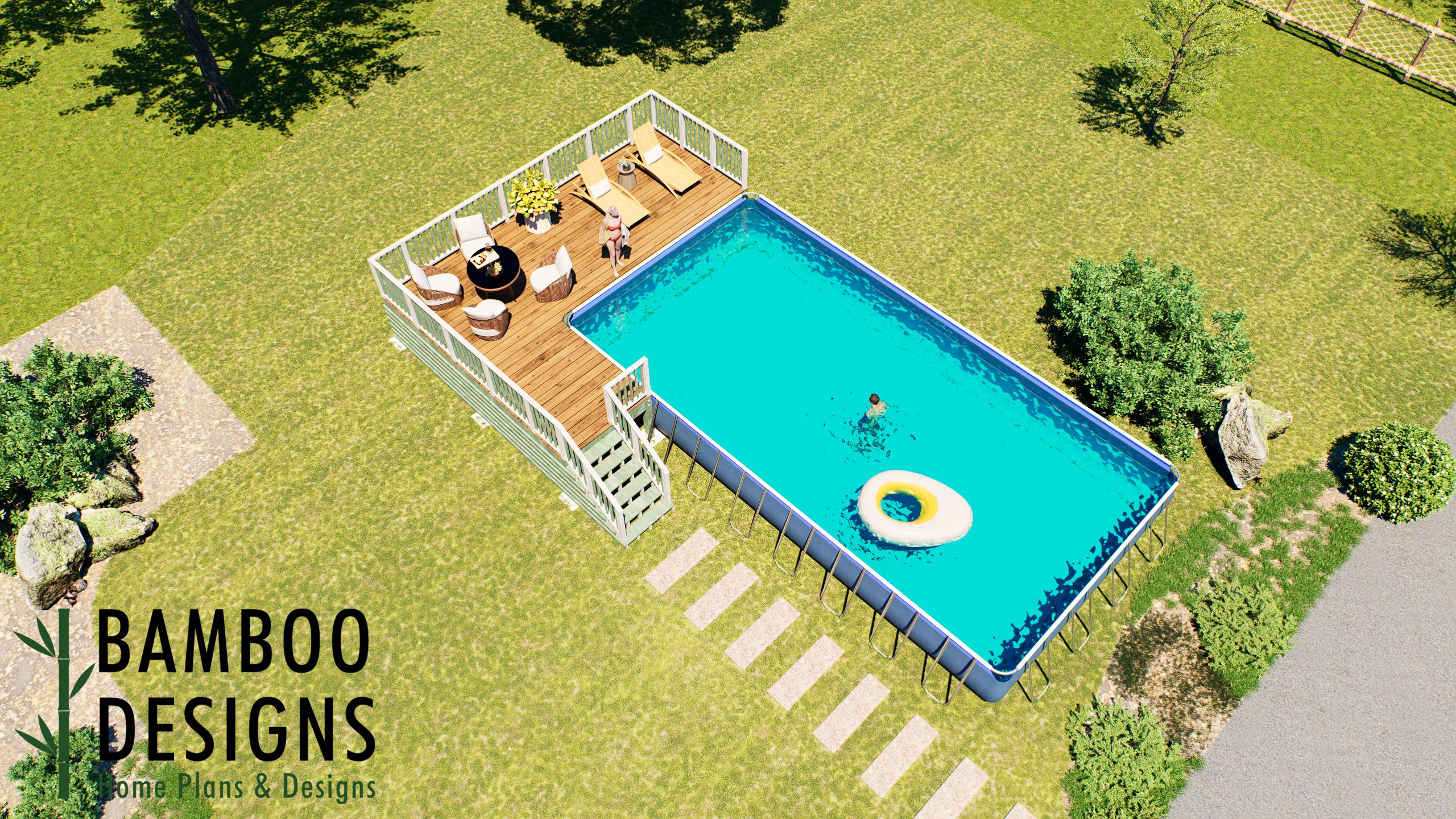 Image of Ferro 19x25 Pool Deck Plan — Large Rectangular Deck for 36' x 18' x 52" Above Ground Pool | DIY PDF Plans