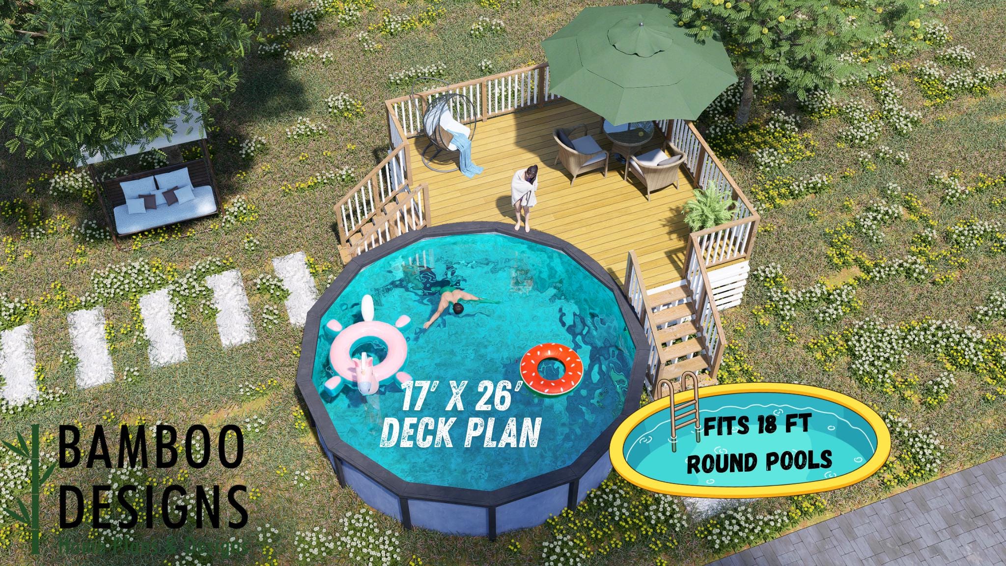 Plano de terraza de piscina Twentynine Palms de 17x17: terraza elevada de esquina para piscinas elevadas de 18 pies / PDF + DWG (Planos para hacer uno