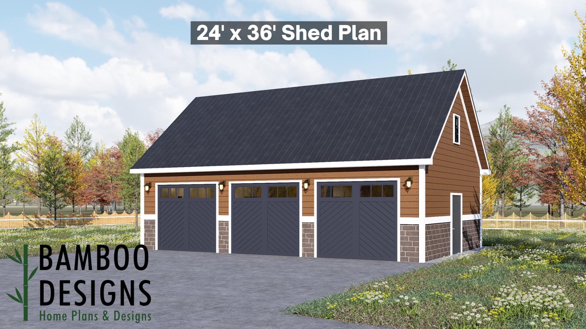 Image of Charger 24x36 Garage Shed Plan - A Three-Bay Garage with Rustic Craftsman Character