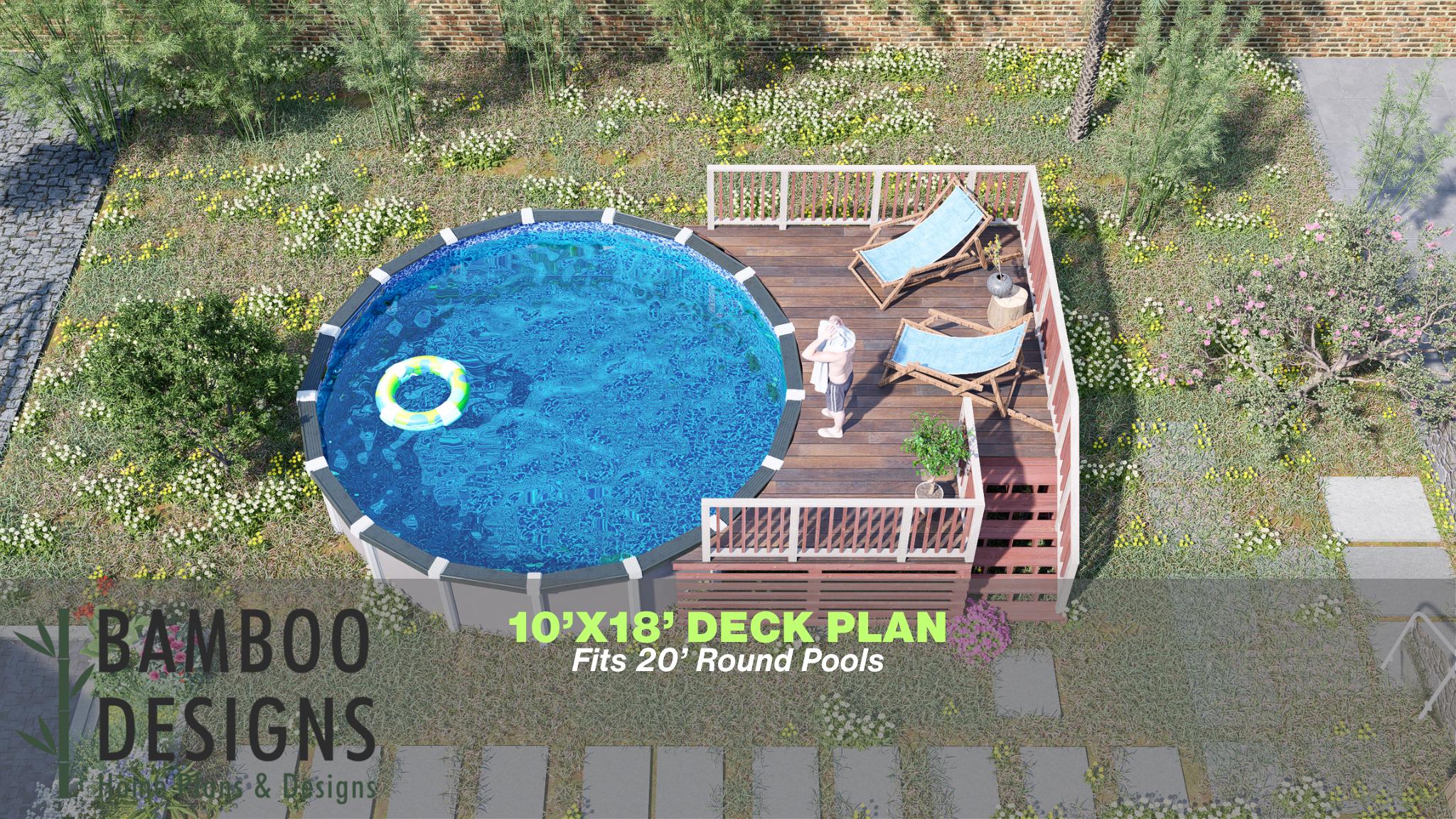 Plano de terraza redonda para piscina Saddle River - Terraza grande de 10x18 pies para piscinas elevadas con escalera para piscinas de 20 pies / Plano