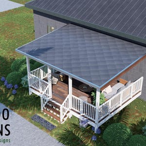 Può includere: Rendering architettonico di un piccolo portico con tetto grigio e ringhiere bianche. Il portico ha un ponte di legno ed è circondato da erba verde e paesaggistica. Il testo "BAMBOO DESIGNS Home Plans & Designs" è visibile.