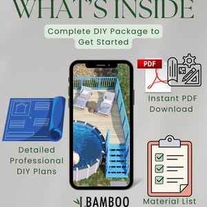 May include: An advertisement for home plans and designs. The image shows a smartphone displaying a deck and pool design, blueprints, a PDF icon, and a material list. Text includes "WHAT'S INSIDE" and "Complete DIY Package to Get Started."