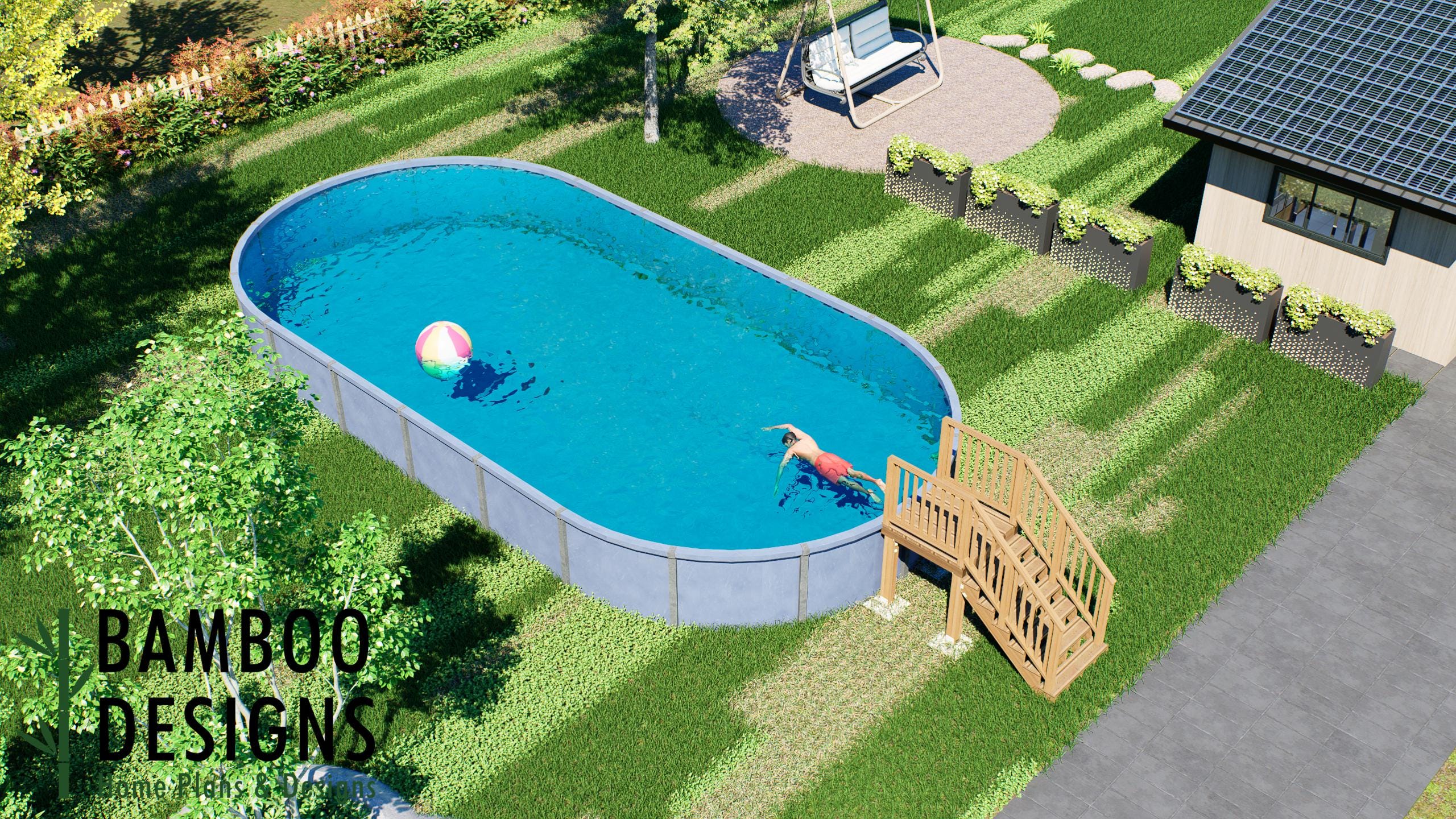 Image of Goldie Oval Pool Deck Plan – 4'x4' Compact Above-Ground Pool Entry Deck with 5-Step Staircase | DIY PDF Plans for 21'x43' Oval Pools